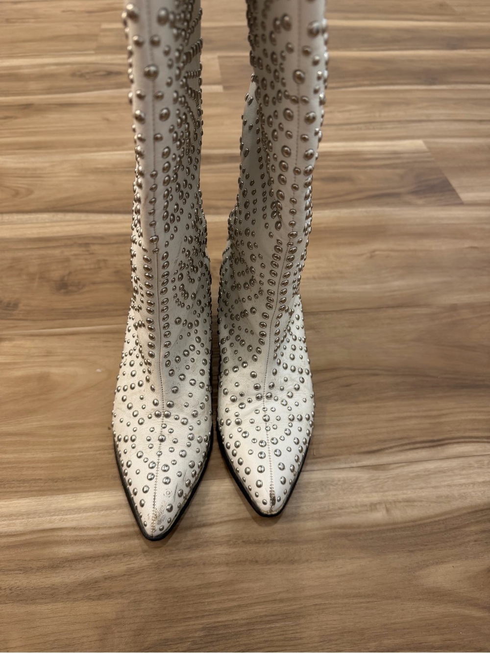 Studded White Pointed-Toe Knee-High Boots
